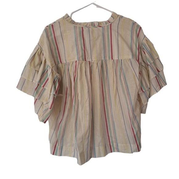 Peyton &‎ Parker Women’s Tunic Short Ruffled Sleeve Blouse Beige Stripes Size M - Picture 2 of 6